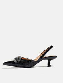 Women's Rhinestone Square Buckle Back Strap Pointed Toe Kitten Heel Low Heel Glamorous Style Black Mirror Splicing Low Vamp Pumps Suitable For Party Dating Daily Wear Spring Summer Autumn Winter High Heel Shoes - Black - View 5