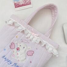 1Pc Cute Lamb Embroidery Handbag,Lace Ruffle Bow Decor Quilted Tote Bag,Striped Canvas Mini Top‑Handle Bag, Sweet Daily Travel Storage Purse For Girls - Multicolor - View 8