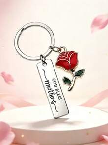 1pc/6pcs/15pcs/24pcs Long Strip Keychain, God Bless Mother Quote, Red Rose Oil Drop Pendant, Gratitude Gift For Mom - Silver - View 7