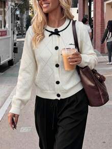 Korean Style Sweet Girl Autumn/Winter Knit Cardigan Sweater With Single-Breasted Bow Detail - Apricot - View 5