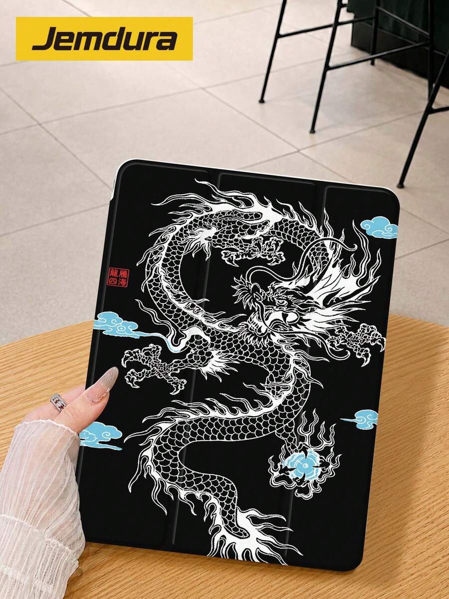 Jemdura 1件裝龍圖騰插畫圖案平板保護殼，三折支架保護殼，適用 iPad 10.2 吋 (A16)、11 吋 11代 2025、8代/9代/10代、Air 4代 10.9 吋，Galaxy Tab S6 Lite 10.4，防摔，附筆槽，支援睡眠/喚醒，兒童禮物/家庭禮物