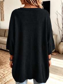 Women's Spring Autumn Elegant Casual Cute Sexy Middle Eastern Style Solid Color Round Neck Bohemian Casual Hem Split Asymmetrical Loose Soft Warm Poncho Cape Knit Pullover Sweater Top - Black - View 3