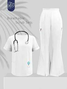 Plain V-Neck Short Sleeve Top And Split Long Pants Lab & Hospital Nursing Scrub Sets With Pockets Fall White - White - View 4