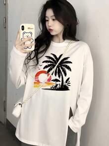 Women's Vintage Gradient Sunset Island Coconut Scene Print Long Sleeve T-Shirt, Loose Drop Shoulder Comfortable Casual Commute Base Layer - White - View 5