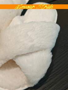 Women's Fuzzy Cross Strap Warm Lightweight Slippers For Home, Autumn/Winter - White - View 4