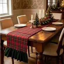 1pc Vintage Christmas Red & Green Plaid Table Runner With Pleated Ruffle Edge, Long Decorative Table Runner For Home Dining Table, Holiday Photography - Multicolor - View 5