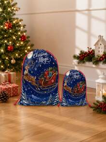 2pcs Dark Blue Christmas Magic Reindeer & Sleigh Print Gift Wrapping Bags, Holiday Style Fabric Large Rectangular With Drawstring Closure Decorative Present Bags For Christmas Gifts, Party Favors & Holiday Decor - Blue - View 4