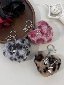 1pc Sweet & Cool Girl Style Heart Plush Bag Charm, Leopard Print Faux Fur Fabric, Starburst Cross Metal Pin Accessory, Daily Commute Outfit Bag & Key Pendant - Multicolor - View 2