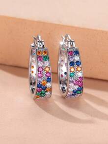 1 Pair Of Vibrant, Full-Set Colorful Zirconia Square Women's Earrings-Perfect For Everyday And Party Wear, And A Great Accessory For Outings - Silver - View 2
