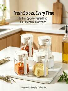 1 Glass Seasoning Jar With Built-In Spoon Handle, Flip Sealed Spice Box, Transparent Square Seasoning Bottle, Dust-Proof And Moisture-Proof Salt, Sugar, Pepper And Spice Storage Box, Tidy Kitchen Countertop, Suitable For Home Cooking - Multicolor - View 3