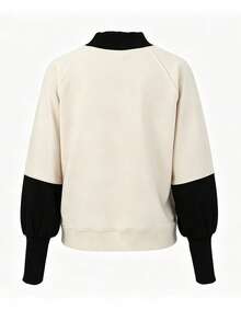 Sweatshirt Wanita Gaya Retro Musim Gugur/Dingin, Model Retro Colorblock Patchwork, Kerah Setengah Tinggi, Atasan Kasual Lengan Panjang Longgar dan Modis yang Menonjolkan Bentuk Tubuh. - Hitam - View 5