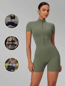 MFVIM Women's Slimming Jumpsuit, Half-Zip Stand Collar Fitted Design, Comfortable Casual Sports Running Outfit, Spring/Summer/Autumn - Mint Green - View 6