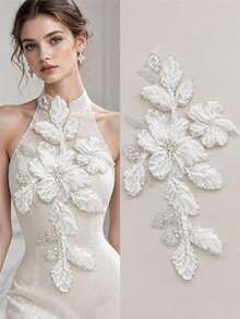 1pc White 3D Chiffon Floral Beaded Applique, Sheer Tulle Flower Patch, Sew On Motif For Wedding Gown Evening Dress - White - View 7