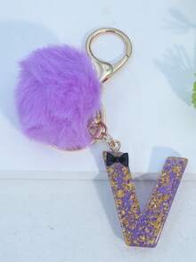Minimalist Cute Initial Keychain A-Z Women's Bag Charm Black Bow Purple Pom Pom Key Chain Daily Wear Gift Accessory - Purple - View 27