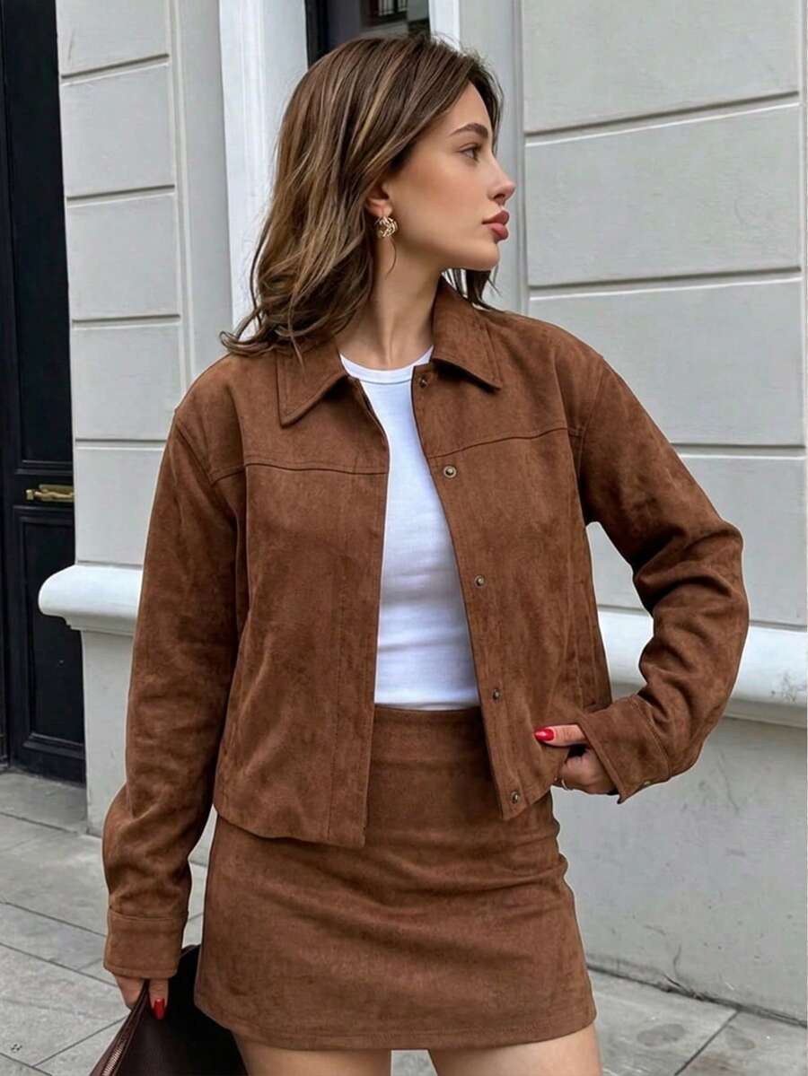 Women's Fashion Autumn/Winter Suede Button Front Open Jacket And Skirt Set, Vintage Style 2-Piece Outfit, Brown Lapel Design, Aviator Jacket - Brown - View 1