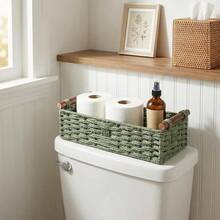 Mori Style Paper Rope Woven Storage Basket With Solid Wood Handle, Bathroom Toilet Countertop Toiletry Organizer Bin, Wabi-Sabi Natural Rustic Minimalist Desktop Decor Organizing Tray For Living Room, Kitchen, Bedroom, Office, Ideal Gift - Multicolor - View 5
