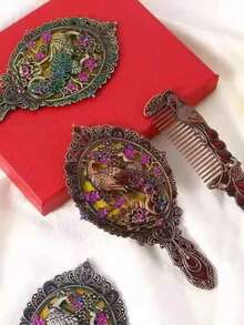 Exquisite Small Embossed Vintage Peacock Hand Mirror & Portable Creative Comb, Gift Box With Greeting Card, Birthday Gift, Random Gemstone Color, Back To School Gift, Halloween, Christmas - Multicolor - View 1