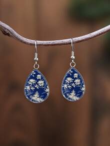 YUJUGLOW 1 Pair Vintage Blue Porcelain Rose Pattern With 316 Stainless Steel Water Drop Earrings, Suitable For Women's Daily Wear - Blue - View 1