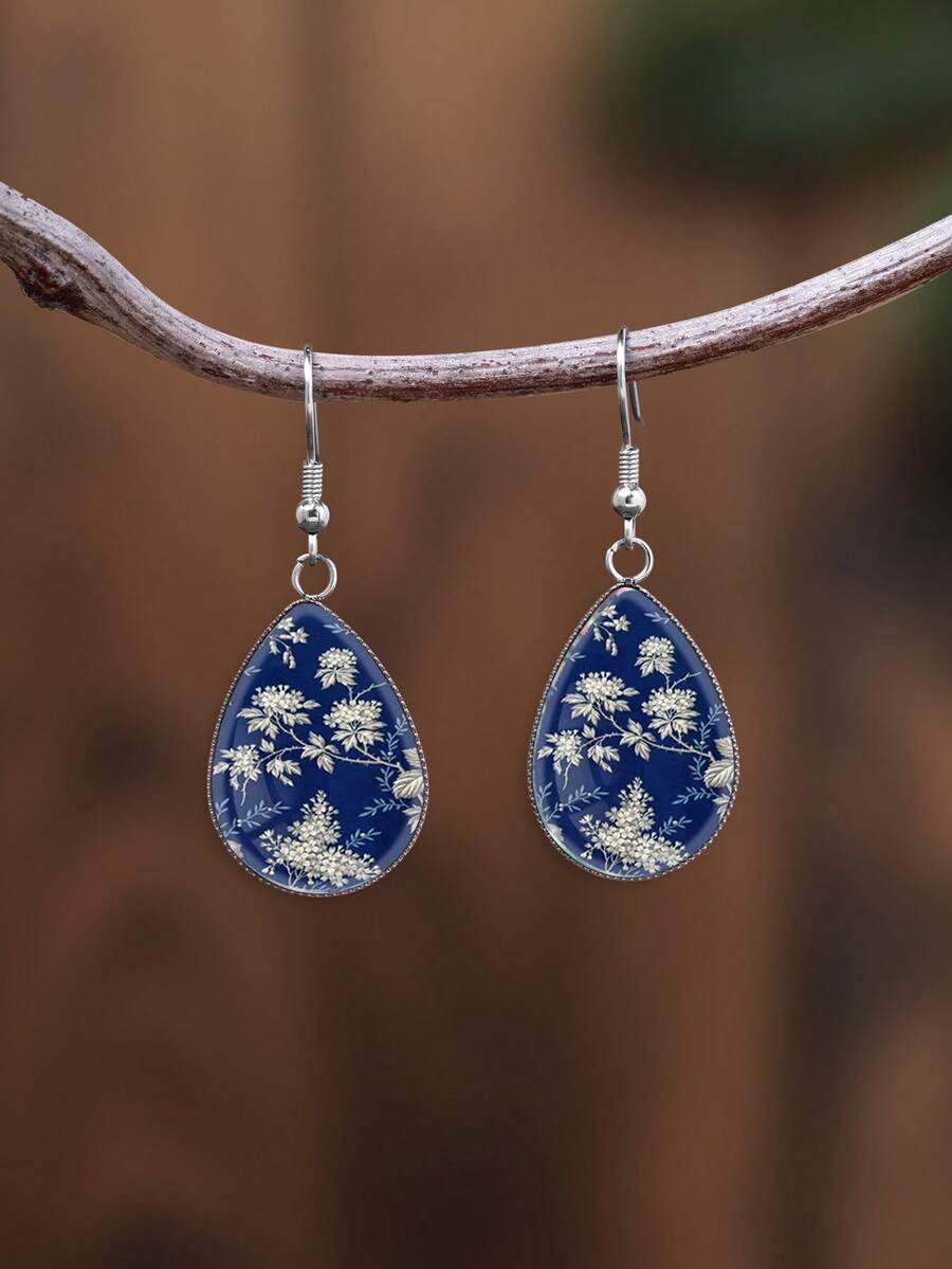 YUJUGLOW 1 Pair Vintage Blue Porcelain Rose Pattern With 316 Stainless Steel Water Drop Earrings, Suitable For Women's Daily Wear - Blue - View 1