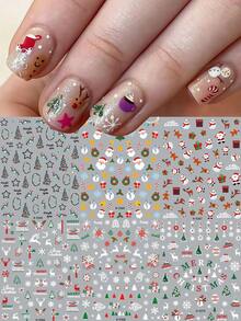 6pcs Lights Christmas Tree Snowflakes Christmas Nail Stickers Red Green Holly Snowman Letters Nail Decals Sliders Merry Christmas Cartoon Manicure Decorations - Multicolor - View 2