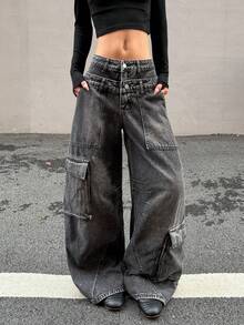 1pc American Street Retro Women's Patchwork Multi-Pocket Double-Waist Cargo Loose Jeans Fashion Wide-Leg Denim Pants All-Season Versatile Long Pants (Belt/Accessories Not Included) - Black - View 7