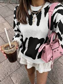 Fashionable Pattern Round Neck Long Sleeve Casual Pullover Sweatshirt, Letter & Graphic Print, Dropped Shoulder, College Style Street Wear, Knit Sweater For Spring - Multicolor - View 2