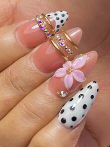 Fall/Winter Collection24 Pieces Of Almond-Shaped Press-On Artificial Nails, Featuring White Polka Dots, French-Style Edges, 3D Three-Dimensional Flower Design With Gold-Plated And Diamond-Set Details, Containing 1 Piece Of Jelly Glue + 1 Scraper Bar - Multicolor - View 1