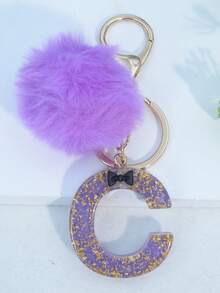 Minimalist Cute Initial Keychain A-Z Women's Bag Charm Black Bow Purple Pom Pom Key Chain Daily Wear Gift Accessory - Purple - View 16