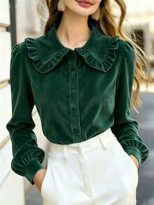 Women's Autumn/Winter Corduroy Solid Color Ruffle Collar Casual Shirt - Dark Green - View 2