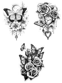 3PCS Vintage Pocket Watch Heart Rose Butterfly Pattern Party Gift Holiday Gift DIY Music Festival Temporary Waterproof Tattoo Stickers For Arm Waist Abdomen Back Leg - Multicolor - View 9