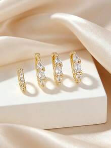 4pcs Inlaid Cubic Zirconia Women's Earrings Set, Exquisite Fashionable, Suitable For Dating, Gathering, Party Layering Wear - Yellow Gold - View 6