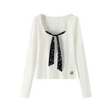 Polka Dot Embroidered Patchwork 2-In-1 Long Sleeve T-Shirt Women's Autumn New Bowknot Casual Versatile Top - White - View 4