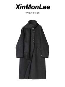 Korean Style Mid-Length Round Neck Wool Blend Button Coat, Evening Date, College Daily, Autumn/Winter - Dark Grey - View 1