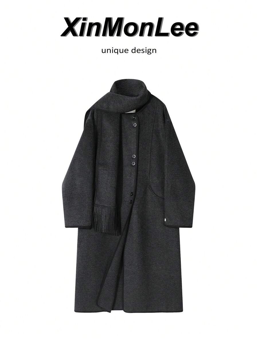 Korean Style Mid-Length Round Neck Wool Blend Button Coat, Evening Date, College Daily, Autumn/Winter - Dark Grey - View 1