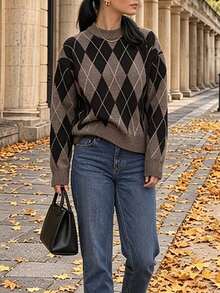 FOR BEAUTY Women's Y2K Retro Brown Argyle Knit Sweater Pullover Long Sleeve Round Neck Top Casual Outfit Autumn/Winter - Volcanic Gray - View 7