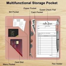 Server Book With Zipper Pocket For Waitress, Cute Waiter Server Wallet, Booklet Restaurant Waitstaff Organizer, Serving Guest Check Book Holder Money Pocket Fits Server Apron, Dark Blue - Pink - View 4
