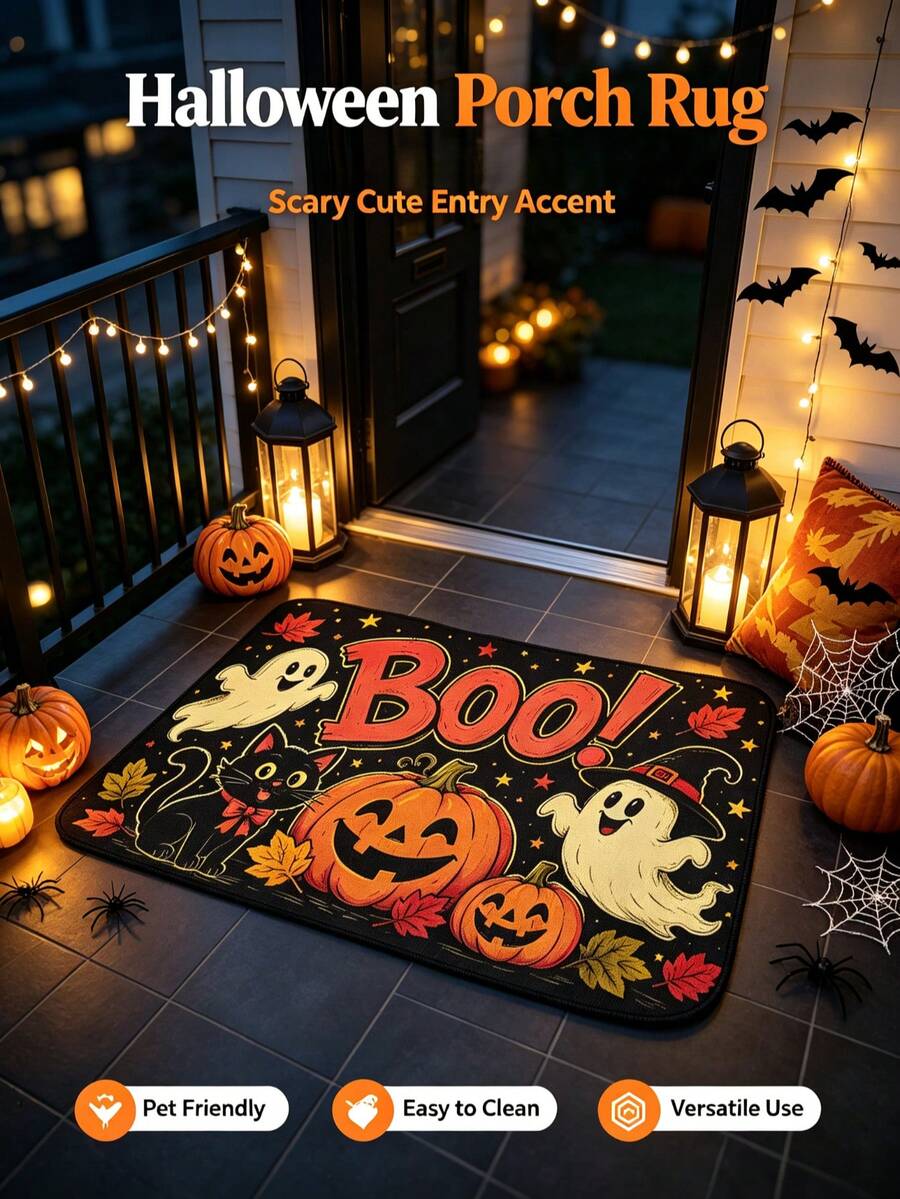 Halloween Boo Print Doormat, Black Cat Ghost Pumpkin Maple Leaf Non-Slip Durable Entryway Rug, Decorative Front Door Mat For Porch Patio Indoor Outdoor Decor - Ghost Doormat - View 1
