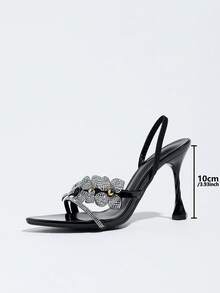 Women's High Heel Sandals With Shiny 3D Rhinestone Floral Design, Thin Rhinestone Straps, Elegant Comfortable Back Strap, Thin High Spiral Architectural Heel, Pointed Toe Open Toe, Shiny Black Mirror Finish, Suitable For All Seasons, Wedding, Party, Evening Gala, Formal Dress, Stage Show, Date, Gift, Vacation Outfit, Charming And Alluring - Black - View 7