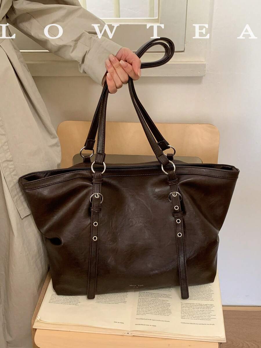 low tea 1pc Square PU Fabric Shoulder Tote Bag With Buckle, Suitable For Commuting, Shopping And More