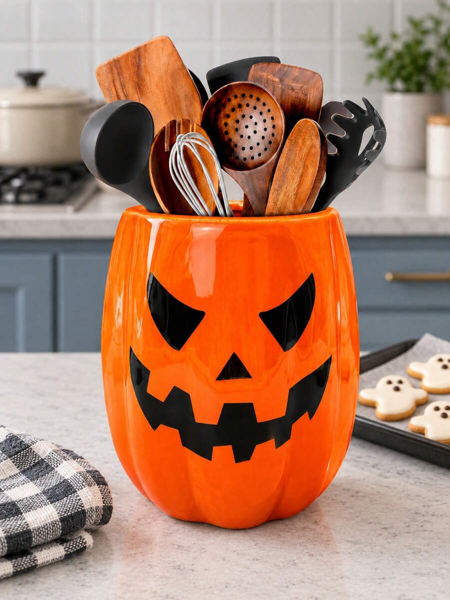 1pc Halloween Pumpkin Jack-O'-Lantern Storage Box, Cute Autumn Home Decor Organizer, Suitable For Makeup Brushes, Kitchen Supplies, Desk And Vanity Essentials - Multicolor - View 1