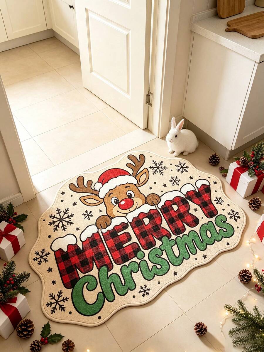 1pc Merry Christmas Letter Doormat, Doormat, Small Rug, Welcome Mat, Carpet, Floor Mat, Outdoor Doormat, Kitchen Rug, Home Decor, Front Door Mat, Area Rug, Outdoor Mat, Home Decor, Area Carpet, Garden Rug, Washable Carpet - Multicolor - View 1