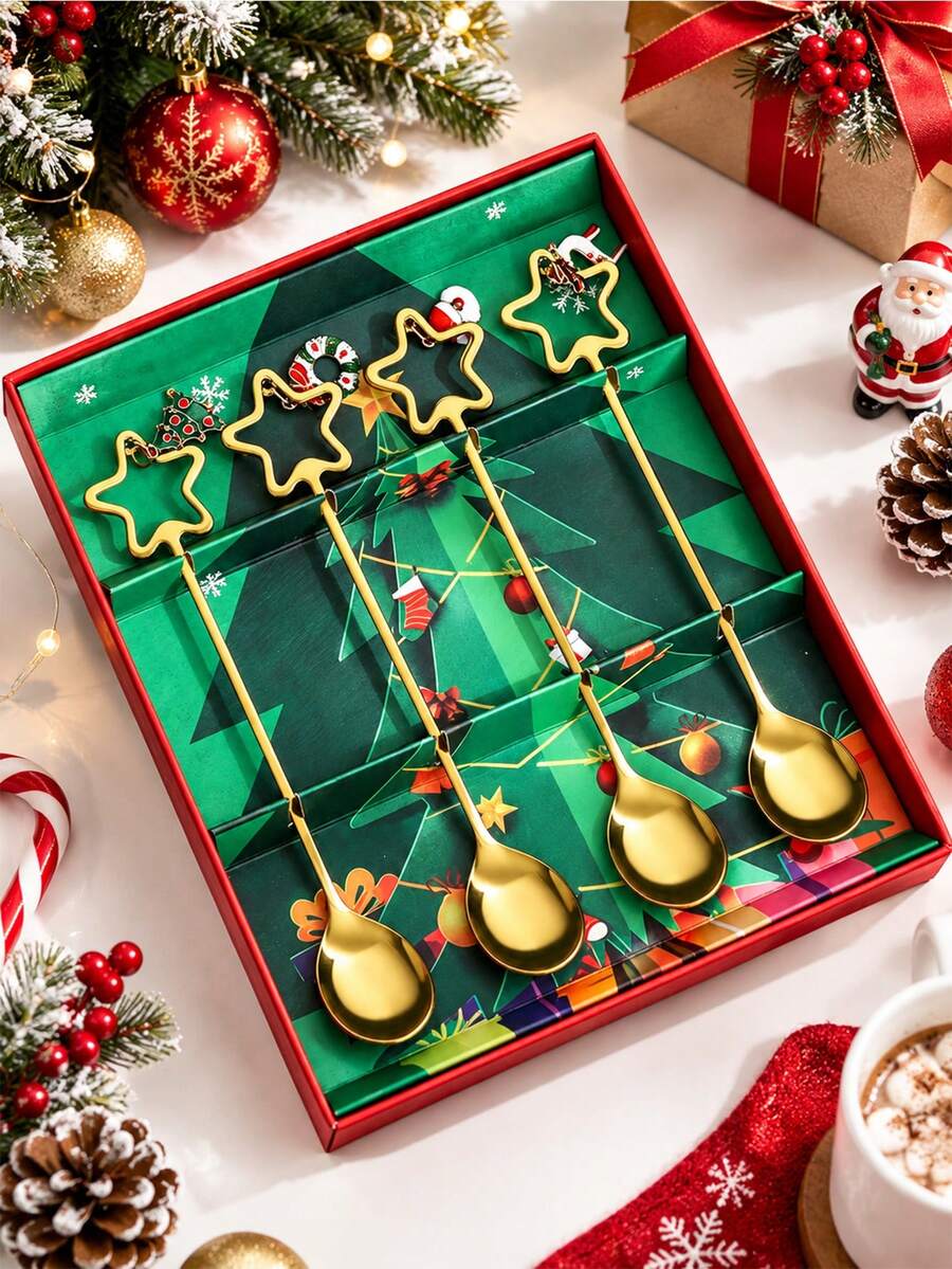 4pcs Christmas Spoon Stainless Steel Christmas Tree Tea Spoon For Home, Xmas Coffee Spoon Dinner Forks Dessert Spoon Stirring Spoon Ice Cream Spoon Creative Tableware Gift, Christmas Spoon 4-Piece Gift Box - Multicolor - View 1