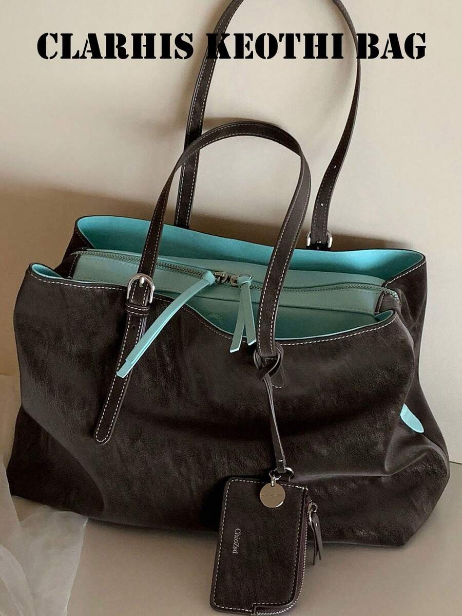 Relaxed Style Large Capacity Tote Bag With Adjustable Buckle Handle, Matching Small Hanging Pouch, Multi-Compartment Interior Storage, Soft Casual Body, Suitable For Commute, School And Travel, Elegant Women's Bag For Lazy Minimalist Daily Outfit - Coffee Brown - View 1