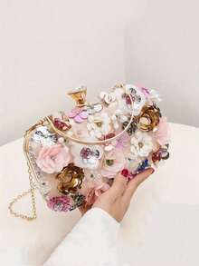 Women's Mini Clutch, Cute Handbag, Fashionable Personalized Party Bag, Handmade Floral Evening Shoulder Bag, Bridal, Wedding Supplies - Multicolor - View 2