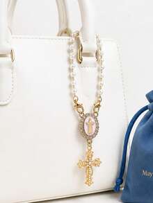 Religious Retro Guadalupe Our Lady Prayer Bead Cross Pendant Card Storage Bag Set, Pearl Chain, Guadalupe Our Lady Festival, Christmas - Multicolor - View 7