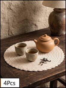 1/2/4/6/12pcs Cream White Wavy Braided Placemats, Japanese Rustic Style, Woven Material, Round Shape With Wavy Braided Edge Details, Heat-Resistant Tabletop Protection & Decorative Function, Tea Mat Suitable For Japanese Tea Room Arrangement And Quiet Home Decor Scenes - Beige - View 16