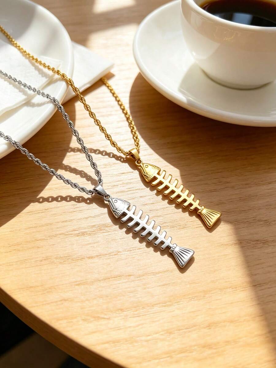 1pc Stainless Steel Exaggerated Fishbone Twist Chain Necklace Unisex Daily Wear Festival Wear Niche Luxury Gift - Photo Box - View 1