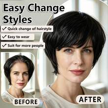 Short Pixie Bob Wigs For Women, Glueless No‑Lace Synthetic Short Wig With Bangs, Heat‑Resistant Straight Layered Elf Short Hair Wig, Adjustable Cap Realistic Daily Wear Wig For Halloween Cosplay Party - Multicolor - View 3