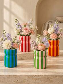 1pc Waist-Cinching Vertical Stripe Flower Pot, Dopamine Style Clash Color Decoration Vase, Colorful Stripe Vase, Suitable For Living Room Desktop, Shelf And Home Decoration - A - View 1
