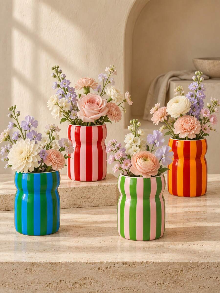 1pc Waist-Cinching Vertical Stripe Flower Pot, Dopamine Style Clash Color Decoration Vase, Colorful Stripe Vase, Suitable For Living Room Desktop, Shelf And Home Decoration - A - View 1